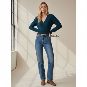 NWT Pink Rose Women’s Blue Teal V Neck Soft Comfort Faux Wrap Top Sweater Sz S